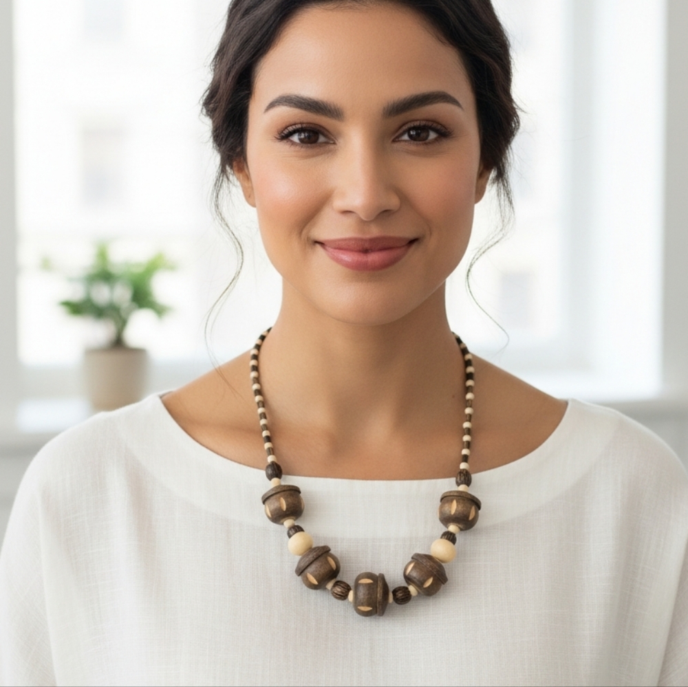 Wooden & Bone Bead Statement Necklace